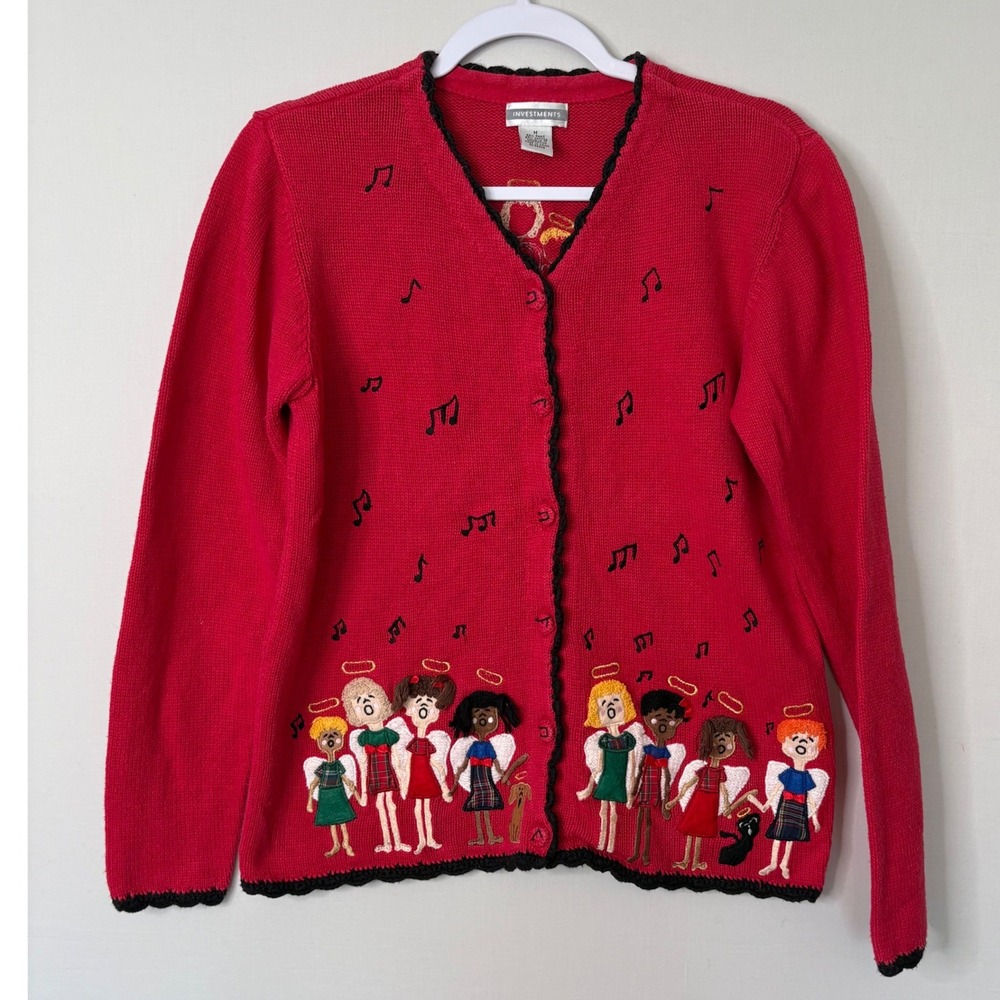 Vtg Investments Christmas Cardigan M Red Angel Choir Music Grandmacore Teacher